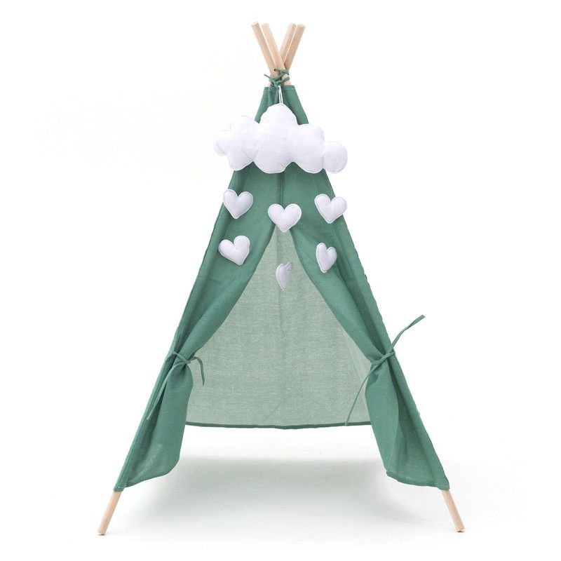 Tipi infantil montessori de madera de paulownia y tela en verde, 80 x 80 x 110 cm | Kalpana