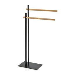 Toallero doble en L de metal negro y madera, 30x20x87cm