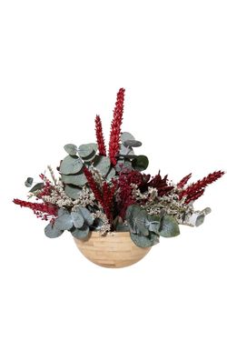 Tonos granate para este elegante centro de flore secas y preservadas