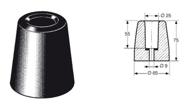 Tope de goma cónico 1 agujero 65/75