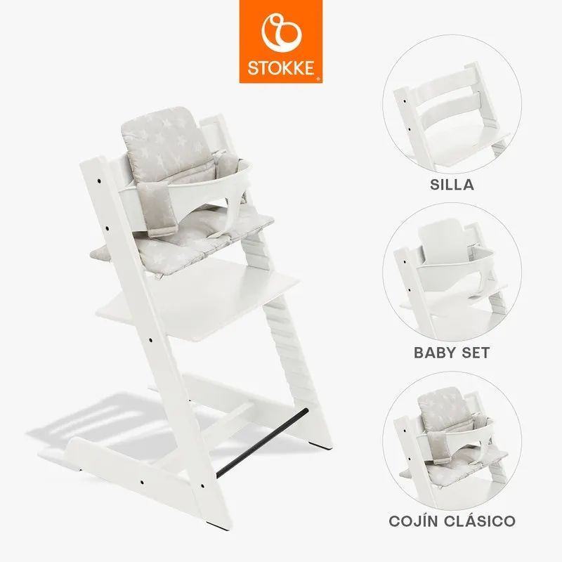 Tripp Trapp Blanca + Cojín estrellas + babyset blanco de Stokke