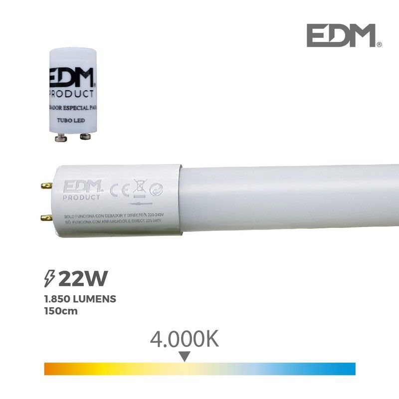Tubo led t8 22w 1850 lm 4000k luz dia (eq.58w) edm