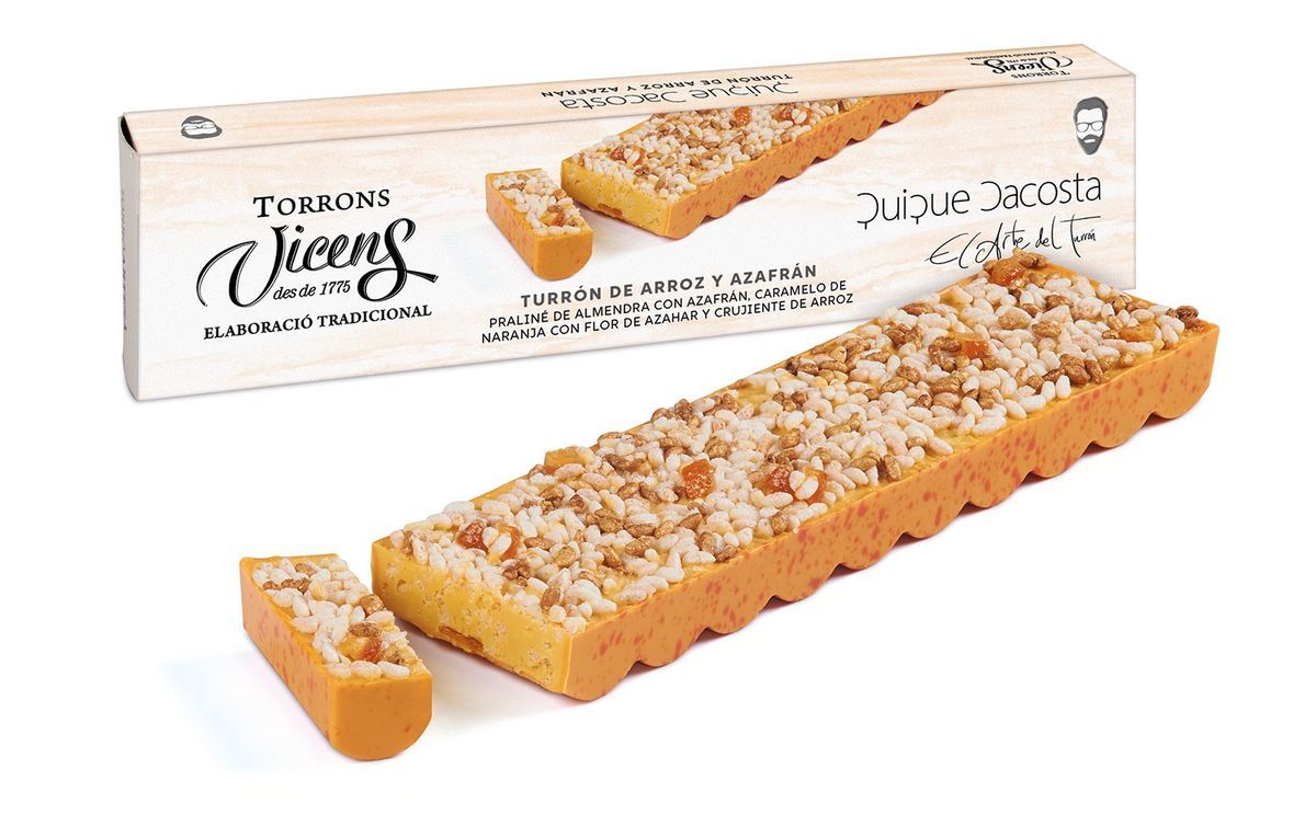 Turrón Artesano Arroz y azafrán 300 grs Especial Alargado Quique Dacosta 300 grs Vicens