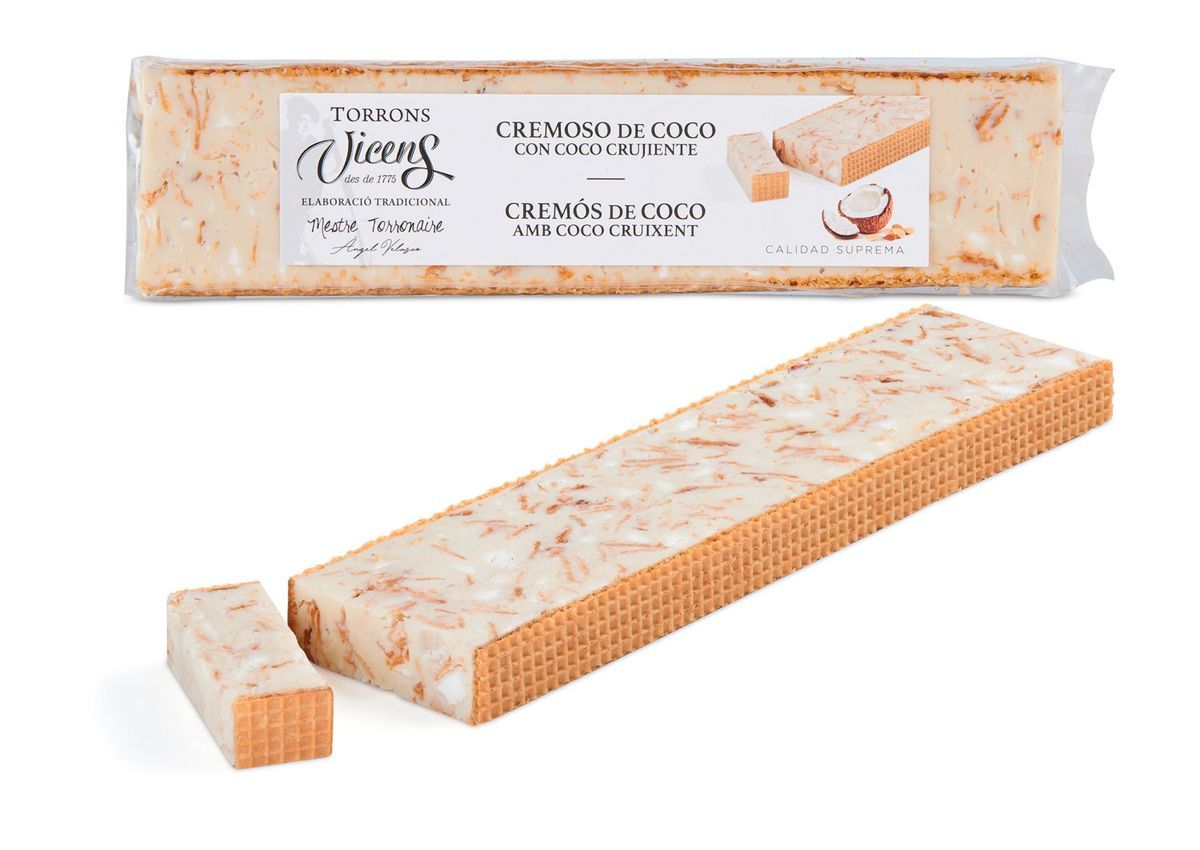 Turrón Artesano Cremoso de coco con coco crujiente Especial alargado 300 grs Vicens