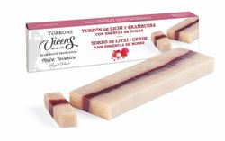 Turrón Artesano Lichi y frambuesa con agua de rosas Especial alargado 300 grs Vicens