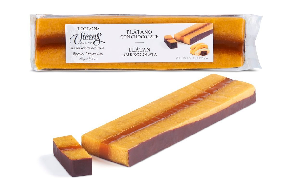 Turrón Artesano Mazapan de plátano con chocolate Especial alargado 300 grs Vicens