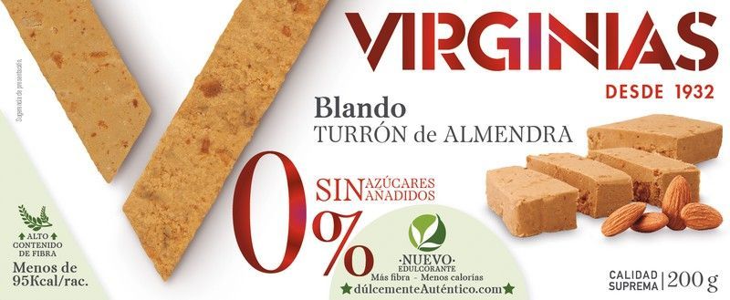 Turrón blando de almendra sin azúcar añadido virginias 200 grs sin gluten