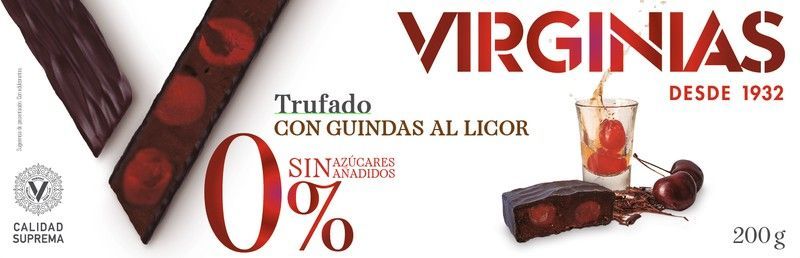 Turrón trufado con guindas al licor sin azúcar añadido virginias 200 grs sin gluten
