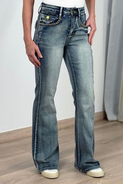 Vaqueros campana solapas azul delavado