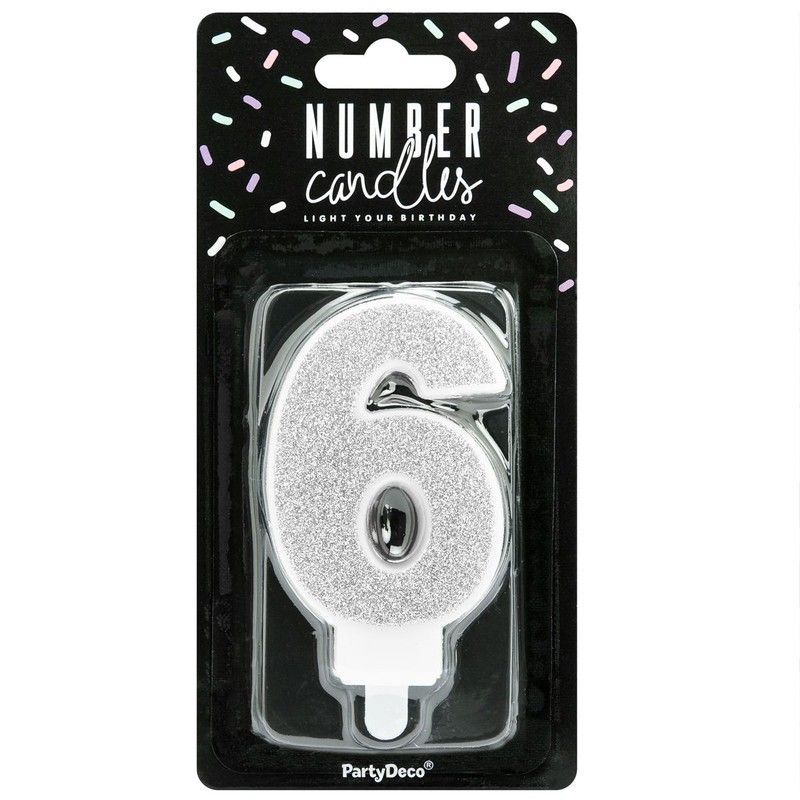 Vela cumpleaños plateada número 6 partydeco