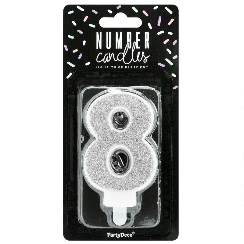 Vela cumpleaños plateada número 8 partydeco