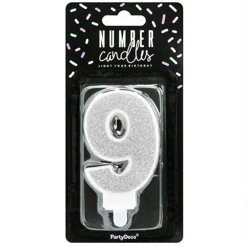 Vela cumpleaños plateada número 9 partydeco