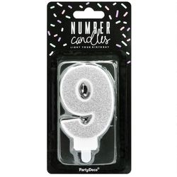 Vela cumpleaños plateada número 9 partydeco