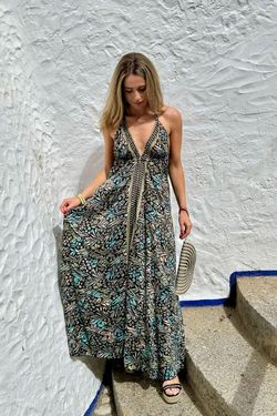 Vestido boho largo estampado negro-turquesa