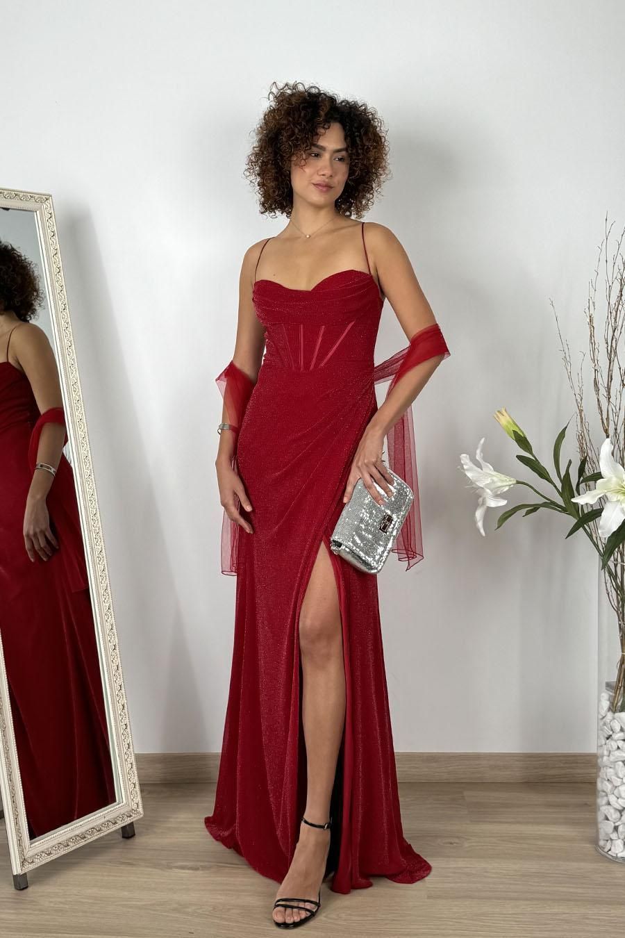 Vestido largo lurex corset burdeos