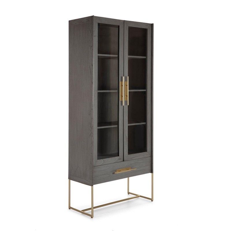 Vitrina de cedro y cristal gris/dorada, 85 x 40 x 195 cm