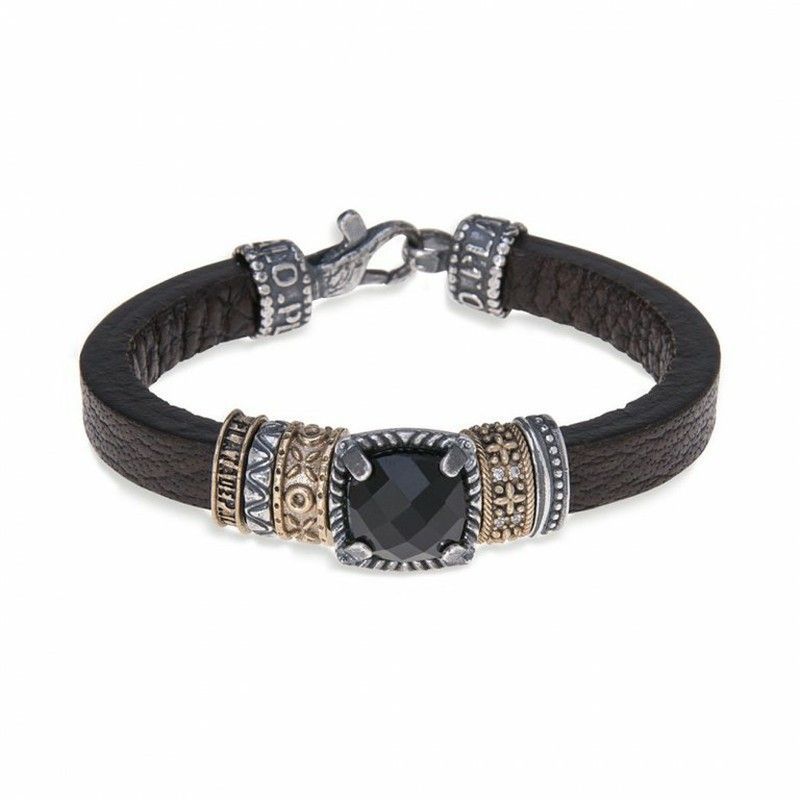 WB177X Pulsera mujer Plata de Palo de cuero, bronce y ónix