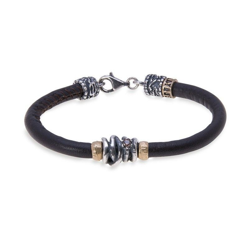 WB265X Pulsera PLATADEPALO bronce y plata con cuero