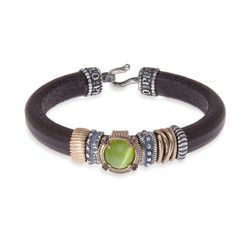 WB273X Pulsera PLATA DE PALO Peridoto mujer cuero con bronce y circonitas cristal de roca