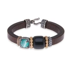 WB279X Pulsera PLATA DE PALO mujer resina negra de cuero marrón cuadrado