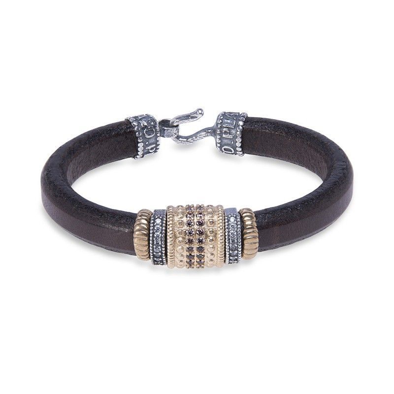 WB375X Pulsera PLATA DE PALO de cuero con piezas de Plata 925, bronce, circonitas marrones y blancas para aquellos que desean destacar con estilo y distinción
