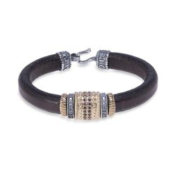 WB375X Pulsera PLATA DE PALO de cuero con piezas de Plata 925, bronce, circonitas marrones y blancas para aquellos que desean destacar con estilo y distinción
