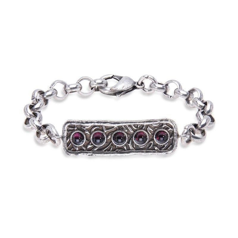WB384X Pulsera Plata de Palo de mujer elegante y moderna con cinco cabujones granates naturales de 4 milímetros