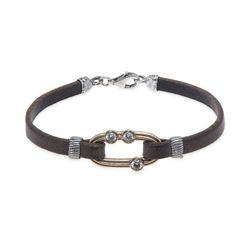 WB408X Pulsera Plata de Palo mujer de cuero plano marrón oscuro de 5 mm con eslabón de bronce y circonitas blancas