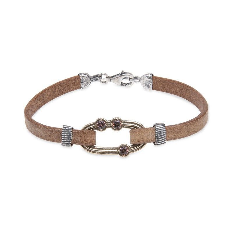 WB410X Pulsera Plata de Palo mujer de cuero plano color camel de 5 mm con eslabón de bronce y circonitas brown