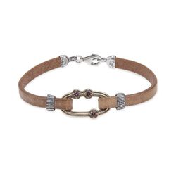 WB410X Pulsera Plata de Palo mujer de cuero plano color camel de 5 mm con eslabón de bronce y circonitas brown