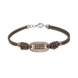 WB416X Pulsera Plata de Palo mujer de cuero con pieza central de bronce, plata 1ª ley 925 y circonitas marrones cierre mosquetón de seguridad