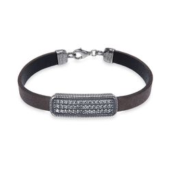 WB424X Pulsera Plata de Palo mujer elegante de cuero con pieza de Plata 925 y circonitas blancas exquisita pieza de alta joyería