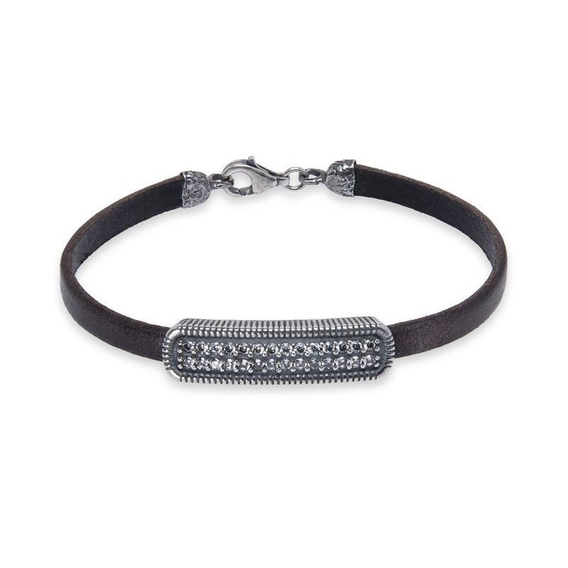 WB425X Pulsera Plata de Palo mujer radiante de cuero con pieza de Plata 925 y circonitas blancas con cierre de mosquetón