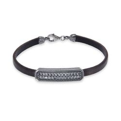 WB425X Pulsera Plata de Palo mujer radiante de cuero con pieza de Plata 925 y circonitas blancas con cierre de mosquetón