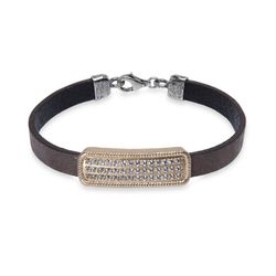 WB426X Pulsera Plata de Palo mujer de cuero marrón oscuro con pieza de bronce y circonitas blancas