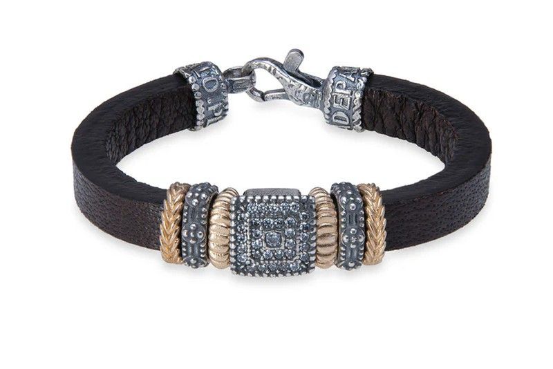 WB450X Pulsera Plata de Palo mujer de cuero con piezas en plata de ley, bronce y circonitas colección Cali