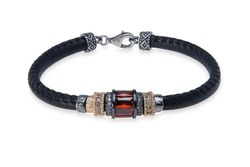 WB453X Pulsera Plata de Palo mujer de cuero negro con circonita roja y cierre de mosquetón