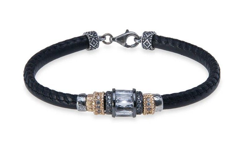 WB454X Pulsera Plata de Palo mujer de cuero negro y cierre mosquetón  con circonita blanca