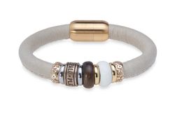 WB461X Pulsera Plata de Palo mujer de cuero con resinas marrón y blanca de tonos suaves y cálidos