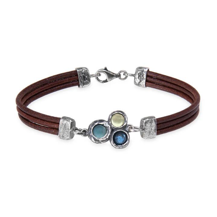 WB538X Pulsera PLATA DE PALO de cuero mujer Kaiko centro de plata 925 con aguamarina y olivina, cierre de mosquetón