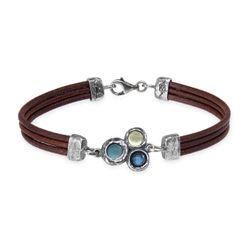 WB538X Pulsera PLATA DE PALO de cuero mujer Kaiko centro de plata 925 con aguamarina y olivina, cierre de mosquetón