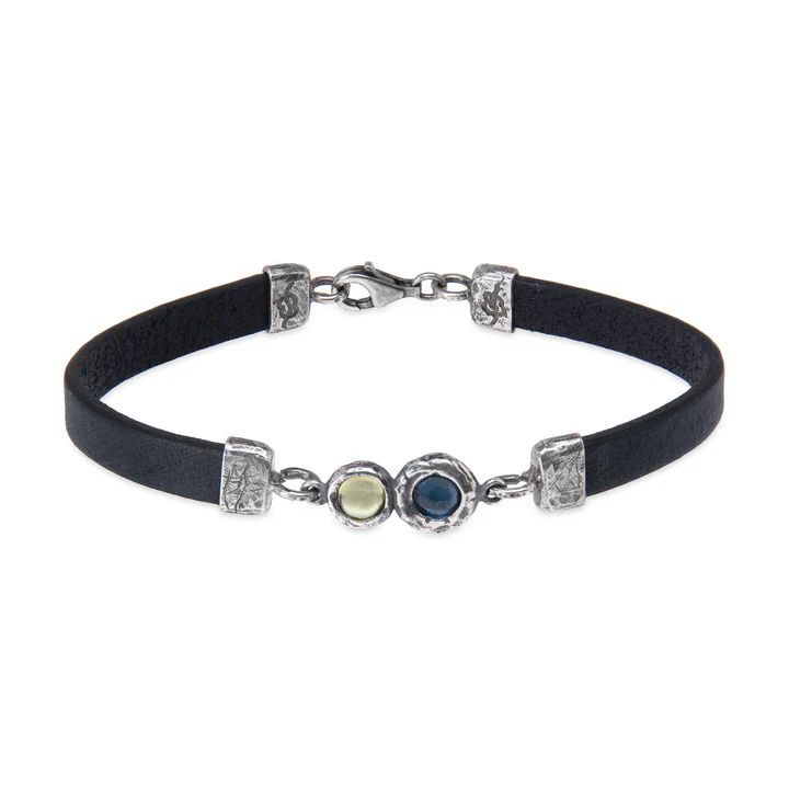 WB539X Pulsera PLATA DE PALO de cuero mujer Shinkai centro de plata 925 con aguamarina y olivina