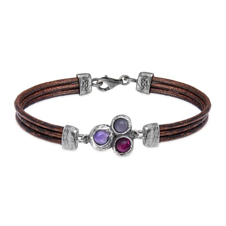 WB540X Pulsera Plata de Palo cuero de mujer Satori centro de plata 925 con rubí, rosa, y amatista
