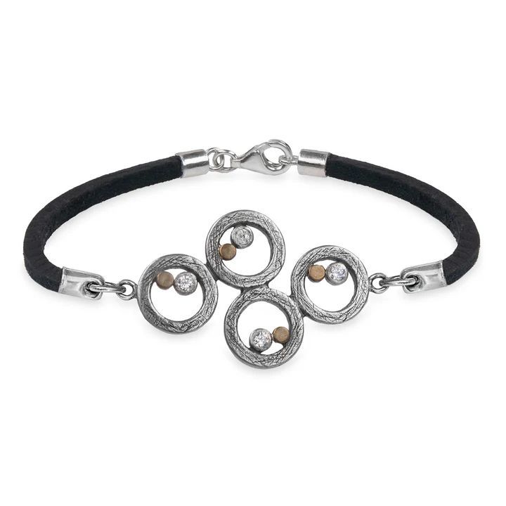 WB542X Pulsera Plata de Palo mujer de cuero colección Enso con círculos de plata 925 puntos de bronce y circonitas