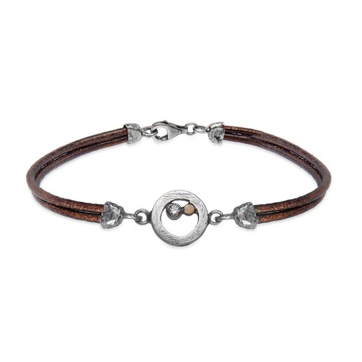 WB543X Pulsera PLATA DE PALO de cuero mujer modelo Engi con círculo de plata 925 y un punto de bronce