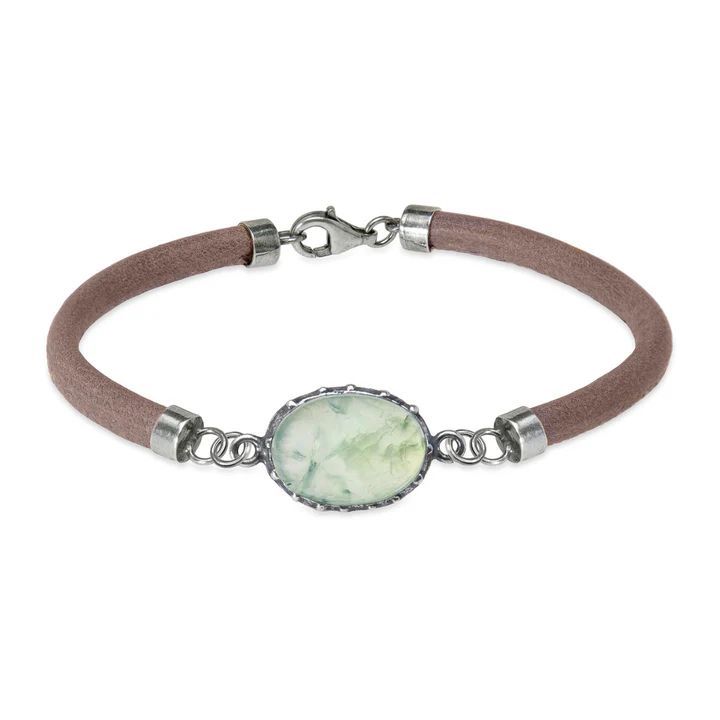WB545X Pulsera Plata de Palo mujer de cuero tono visón y piedra prehnita