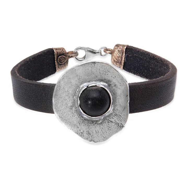 WB547X Pulsera PLATA DE PALO Mujer Hagane de cuero con centro de plata 925 y ónix destellante