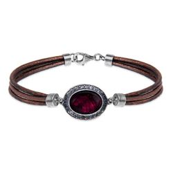 WB560X Pulsera Plata de Palo de cuero mujer modelo Kurai con centro de plata 925 piedra granate y circonitas, cierre de mosquetón