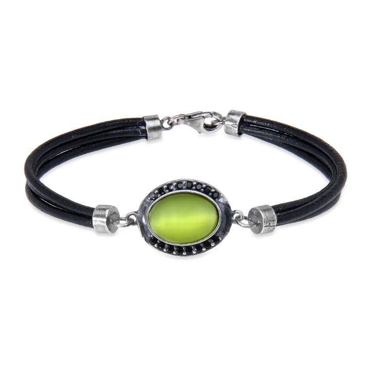 WB564X Pulsera PLATA DE PALO Mujer de cuero Sei con plata 925 y piedra verde