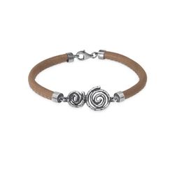 WB567X Pulsera Plata de Palo de cuero mujer con dos espirales circulares en plata de ley 925